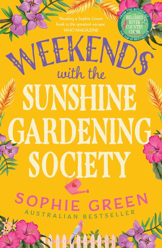Boekcover met gele achtergrond. Titel: 'Weekends with the Sunshine Gardening Society' in paarse en witte letters. Bloemen en bladeren aan de zijkanten.