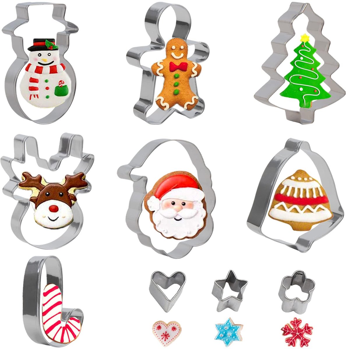 SULOLI 10-delige set kerstkoekjesvormpjes, set van roestvrijstalen koekjesvormpjes om te bakken - kerstboom, sneeuwvlok, kerstman, peperkoekpoppetjes, bellen, kousen