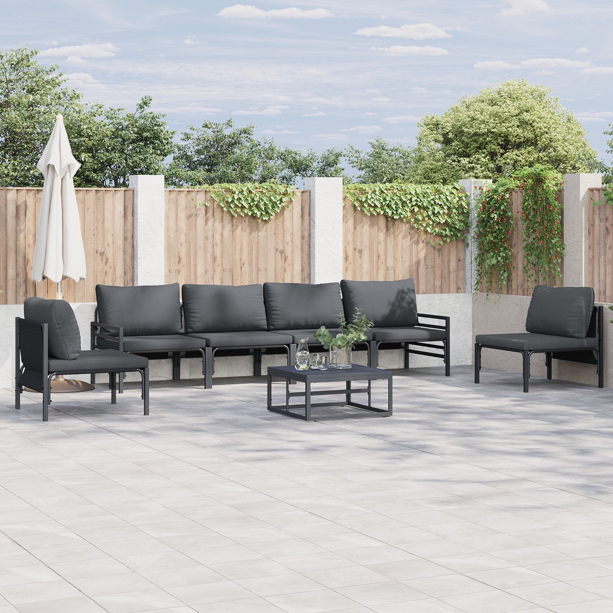 vidaXL - Tuinbank - Set - met - kussen - 6 - pcs - Zwart - Staal
