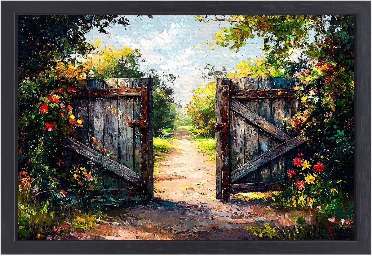 Houten tuinpoort in bloei - Poort canvaskunst - Muurdecoratie canvas architectuur - Impres