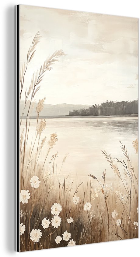 Aluminium schilderij 100x150 cm - Wanddecoratie metaal - Meer - Water - Natuur - Beige - Metalen muurdecoratie woonkamer - Decoratie industrieel - Foto op dibond - Industriële accessoires slaapkamer