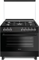 Wiggo WO‑E905R(BB) – Vrijstaand gasfornuis – 90 cm – 5 kookzones met wokbrander – 110L elektrische oven – Zwart – Elektrische vonkontsteking & vlambeveiliging – Energieklasse B – 5 jaar garantie
