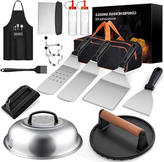 Joyfair Smash Burgerset, roestvrij stalen grillbestek, set met 2 burgerbellen en 2 grillspatels, grill BBQ plancha accessoires voor buiten en binnen, camping- en grillliefhebbers