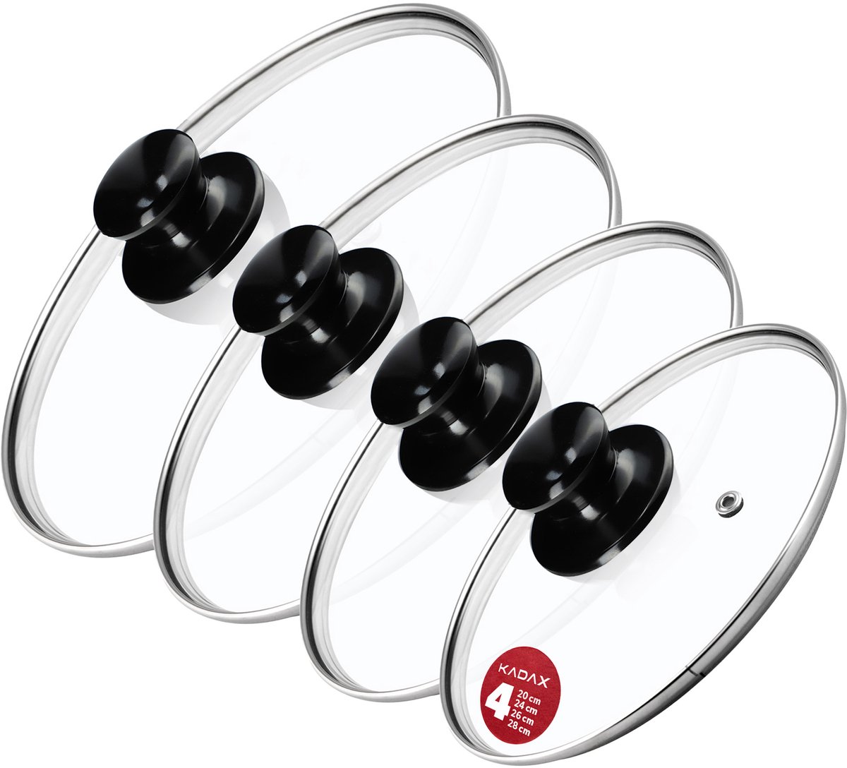 KADAX Pandekselset, universeel deksel van glas met handvat, hittebestendige dekselset in verschillende maten, pannendekselset, glazen deksel voor pan, pan (20 + 24 + 26 + 28 cm, glanzend zwart