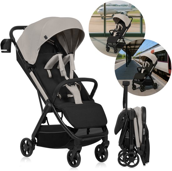 Grijze buggy met zandkleurige kap en zwart zitje, getoond in open, gesloten en handbagage-formaat.