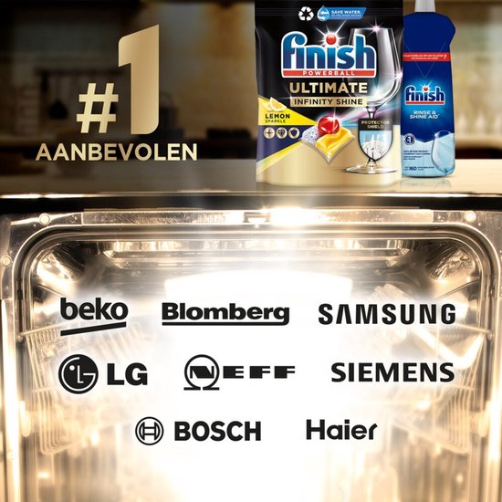 Finish Powerball Ultimate Infinity Shine vaatwastabletten en Rinse & Shine Aid, met vaatwasmachine merken.