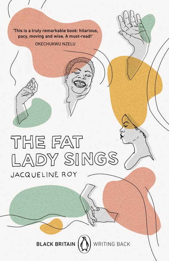 Boekcover 'The Fat Lady Sings' met illustraties van gezichten en handen, met de tekst 'This is a truly remarkable book' en namen.