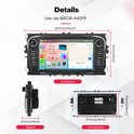 Stereo radio met 7 inch touchscreen, fysieke knoppen en afmetingen 24.9x12.9x6.2cm. Achterkant met aansluitingen.
