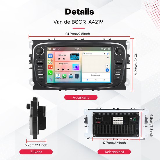 Stereo radio met 7 inch touchscreen, fysieke knoppen en afmetingen 24.9x12.9x6.2cm. Achterkant met aansluitingen.