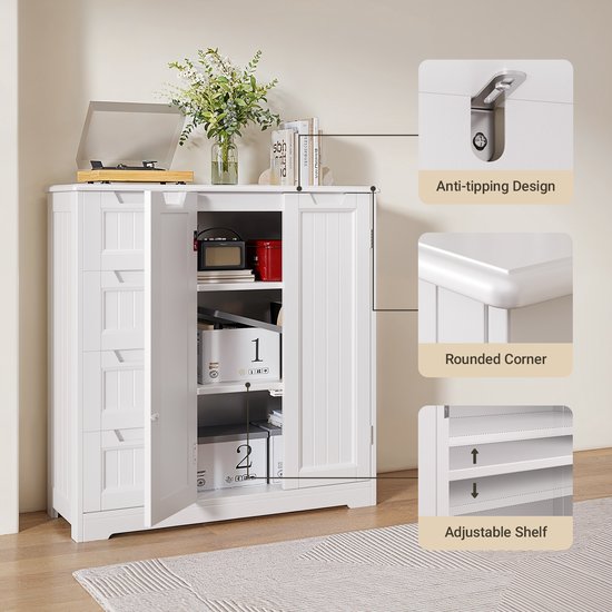 Xbro Badkamerkast, Smalle Opbergkast met 4 Laden en 2 Deuren, Vrijstaande Kast met Verstelbare Plank, Waterbestendig MDF, 81x30x83 cm, Wit