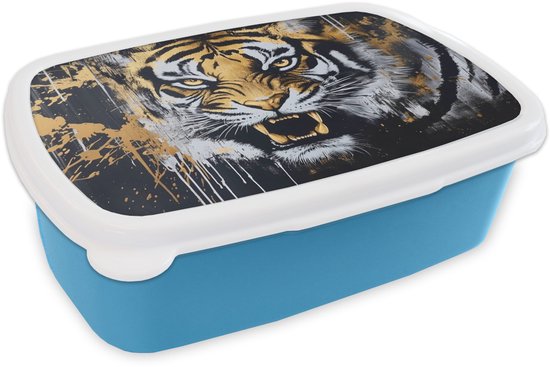 Boîte à lunch Blauw - Boîte à lunch tigre - Éclaboussures de peinture - Goud - Boîte à lunch 18 x 12 x 6 cm - Boîte à lunch à pain - Boîtes à pain pour enfants et adultes