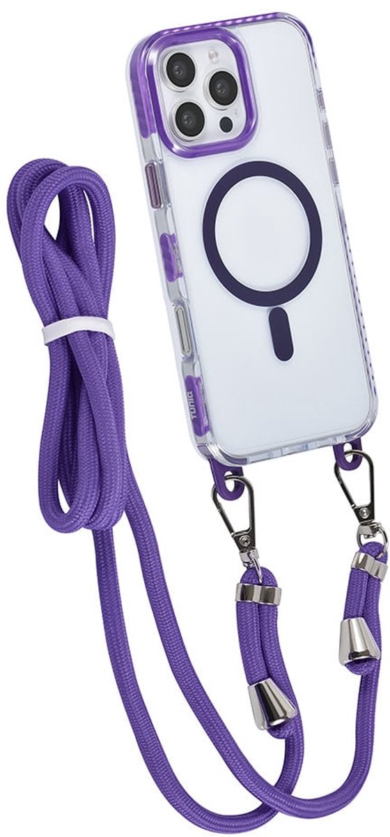 TUNIQ - iPhone 16 Pro Max - Backcover hoesje - Nek koord -TPU- PC - Paars-Transparant