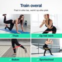 Vier vrouwen trainen met Hulser weerstandsbanden thuis, op kantoor, buiten en in de sportschool.