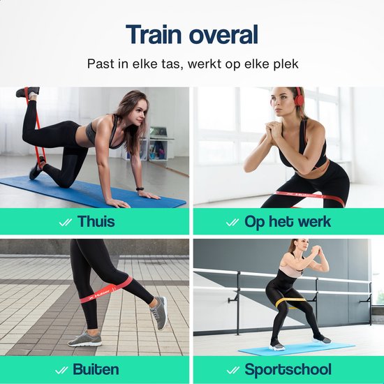 Vier vrouwen trainen met Hulser weerstandsbanden thuis, op kantoor, buiten en in de sportschool.