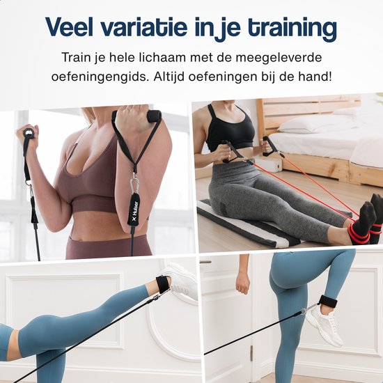 Collage van vrouwen die weerstandsbanden gebruiken voor diverse oefeningen.