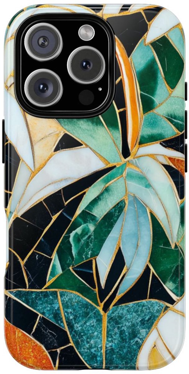 Tropisch Bladmozaïek met Gouden Accenten – Telefoonhoesje Geschikt voor iPhone 16 Pro