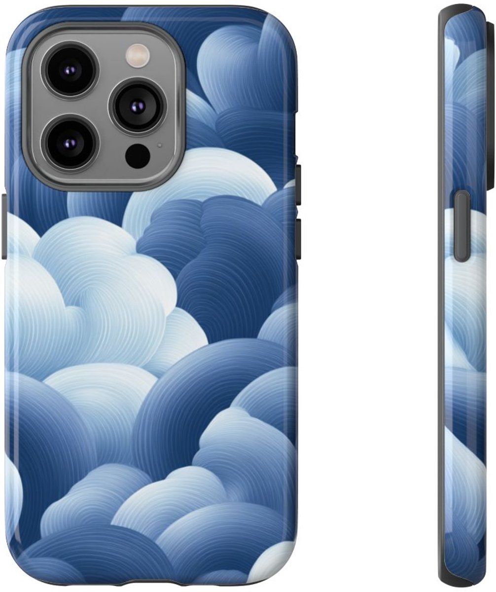 Blauw-Wit Wolkenpatroon – Glanzend Stevig Telefoonhoesje Geschikt voor iPhone 14 Pro