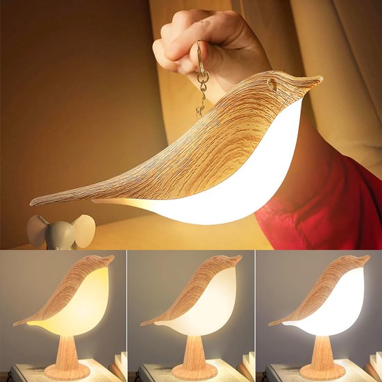 Rosnek Vogel Slaaplamp - Draadloze Nachtlamp met Touchbediening - Dimbare - 3 Kleuren & USB Oplaadbaar - Bedlamp - Nachtlampje baby - Sfeerverlichting voor Slaapkamer, Bureau
