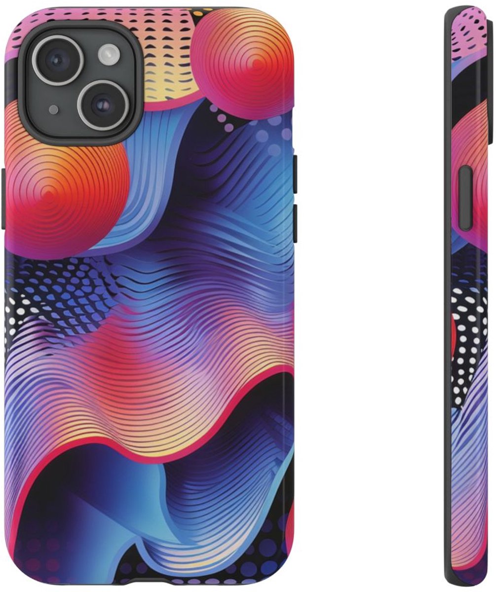 Kleurrijke Abstracte Golven en Bollen – Telefoonhoesje Geschikt voor iPhone 15 Plus