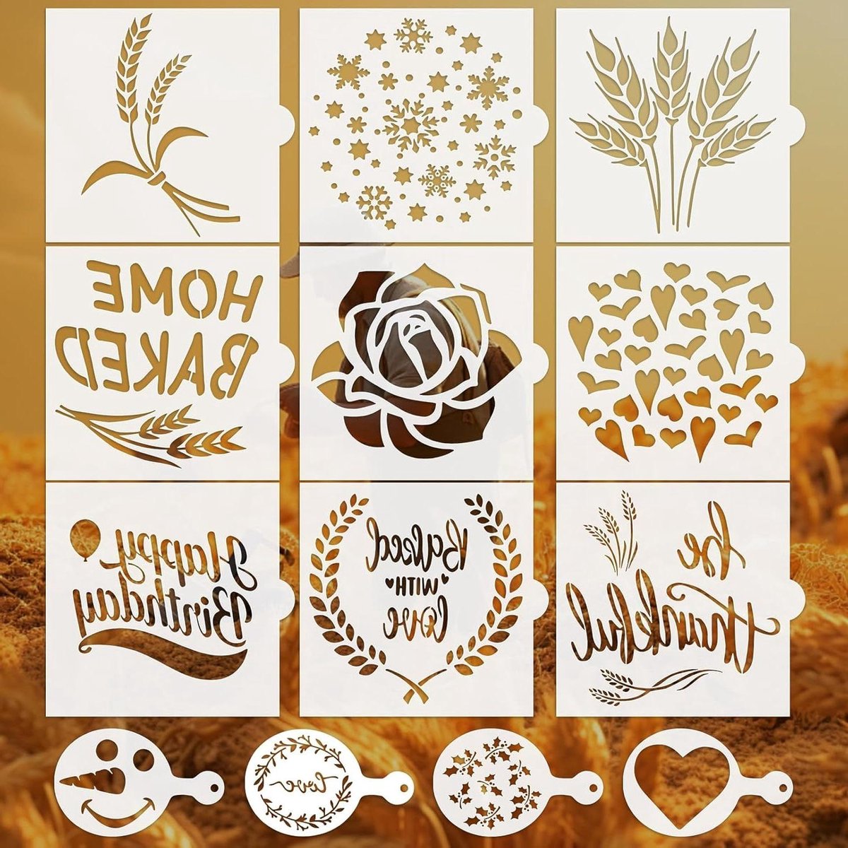 Allecto Plus - Herbruikbare koekjessjablonen Happy Birthday thema - Set van 13 - 14 x 14 cm - Creatieve ambachtelijke broodstencils voor bakken en koffie - Doe-het-zelf stencil voor latte kunst en bakken op canvas
