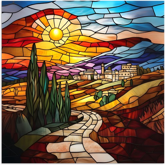 Poster 75x75 cm - Mozaïek - Zon - Landschap - Dorp - Posters - Kamer decoratie - Wanddecoratie woonkamer - Muurdecoratie slaapkamer