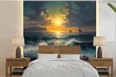 Behang - Fotobehang Zee - Zon - Golven - Rotsen - Breedte 240 cm x hoogte 240 cm