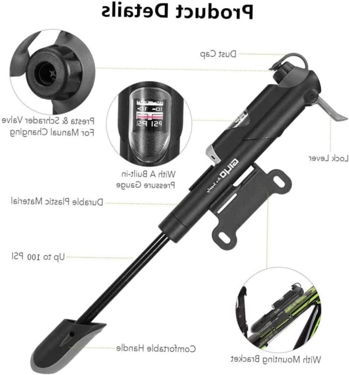 Allecto Plus - Draagbare Mini Fietspomp met Manometer voor Schrader en Presta - 120 PSI - Geschikt voor Road en Mountainbike