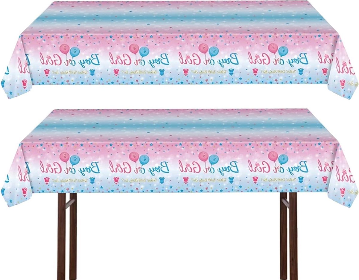 Allecto Plus - Geslachtsonthullend tafelkleedset 137 x 274 cm - Roze en blauw - Babyshower thema - Waterdicht - 2 stuks