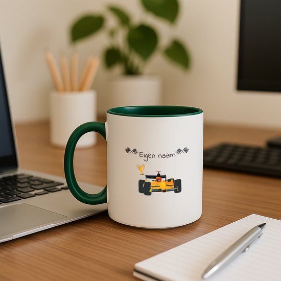 Hacebo® - Formule 1 met eigen naam - koffiebeker donker groen - Sport - Formule 1 fans - thee mok - koffie beker - Liefhebber - Cadeau - Verjaardag - Geschenk - Gepersonaliseerd - Jongens en meisjes - koffiemok - 350 ML inhoud