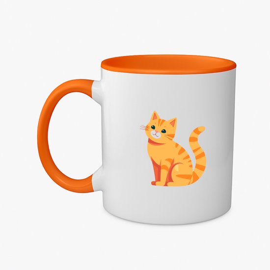Mug blanc à l'intérieur et à l'anse orange. Un chat rayé orange avec la queue relevée est assis sur le mug.