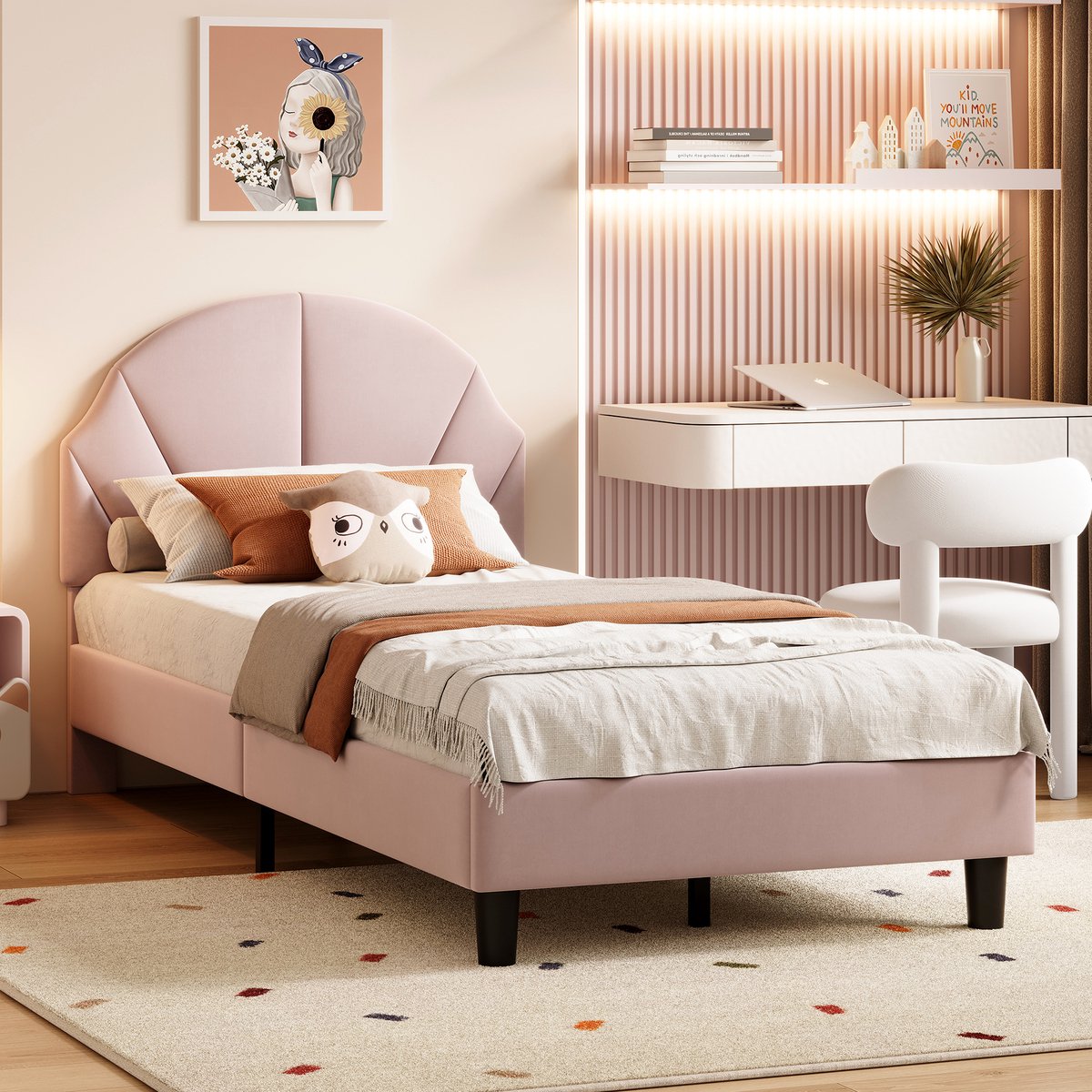 Kinderbed 90x200 cm, tienerbed met lattenbodem, eenpersoonsbed, klassiek bed, kinderbed massief hout, fluweel, roze