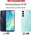 Zwart en mintgroene Samsung Galaxy A17 5G telefoons, links met A17 logo, rechts met A16 logo.