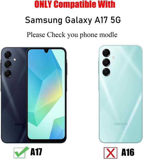 Zwart en mintgroene Samsung Galaxy A17 5G telefoons, links met A17 logo, rechts met A16 logo.