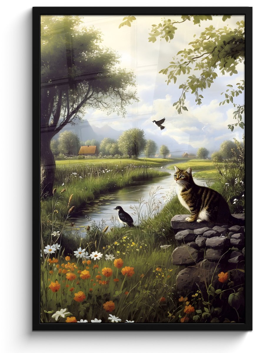 FrameYourWall Poster in lijst - Fotolijst 60x90 cm - Posters - Kat - Beekje - Weide - Posterlijst zwart - Decoratie - Wanddecoratie woonkamer - Muurdecoratie slaapkamer Kat - Natuur