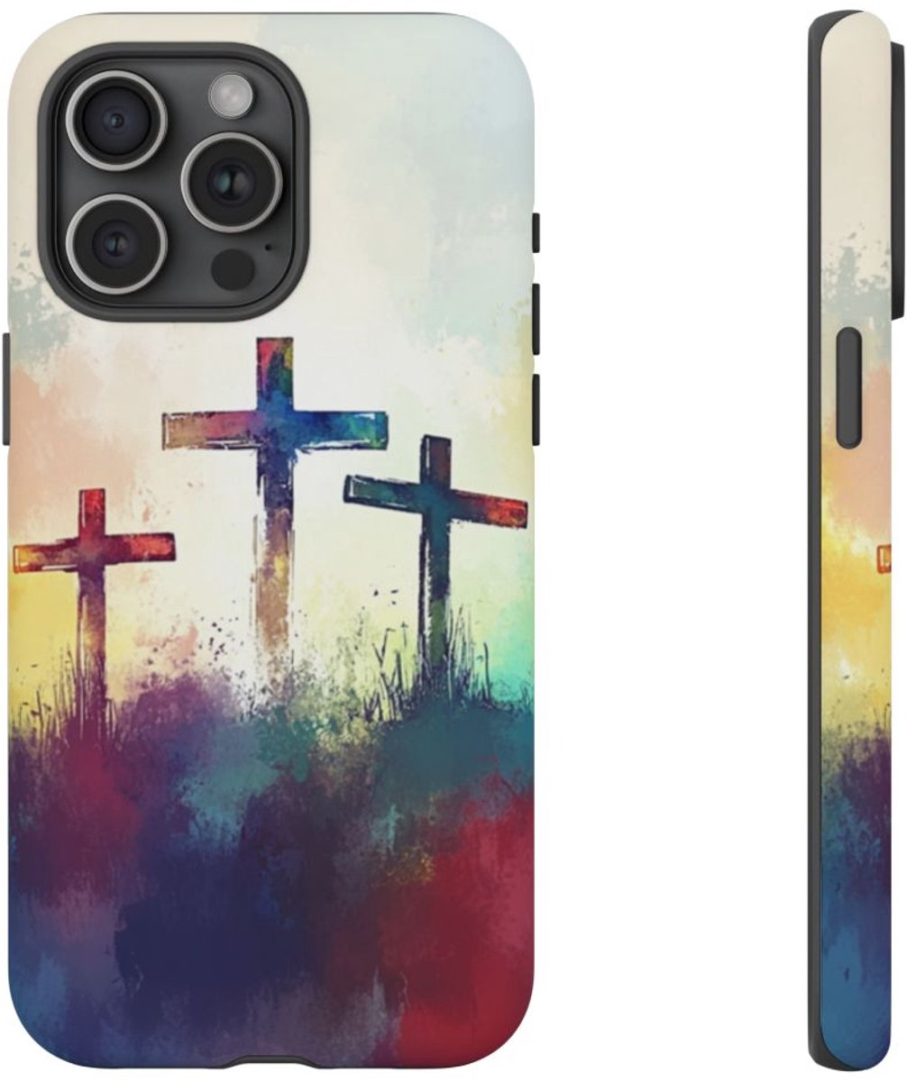 Drie Kruisen in Abstracte Waterverf – Telefoonhoesje Geschikt voor iPhone 15 Pro Max
