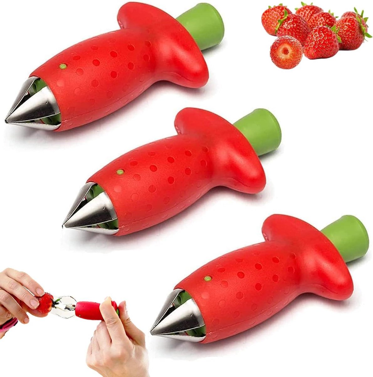 Allecto Plus - Fruitontpitter 3 stuks voor aardbeien en tomaten - Handig bij het verwijderen van bladsteel en schil - Ideaal voor aardappelen en ananas - Rood - Gemakkelijk in gebruik