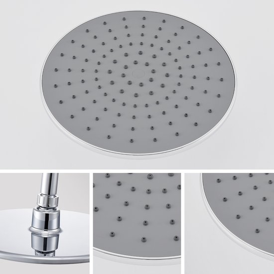 Detailopname van een 9-inch ronde douchekop met chromen rand en grijze sproeiers. Inzetstukken tonen de aansluiting en sproeiers.