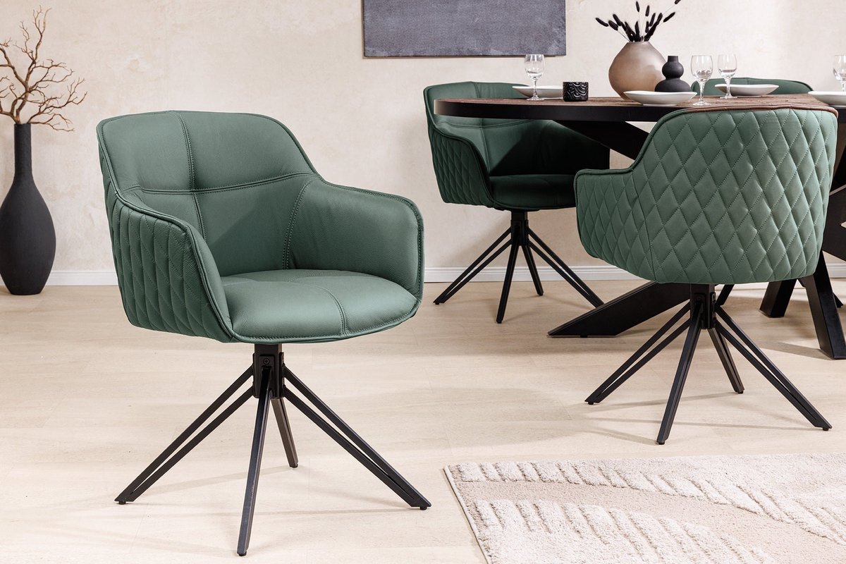 Draaibare Design Stoel EUPHORIA Groen Echt Leer Zwart Metalen Frame met Armleuning - 45863
