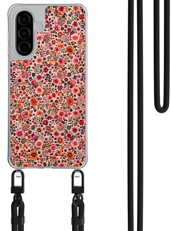 Coque de téléphone avec un imprimé floral vintage dans des tons roses et oranges, avec un cadre transparent et un cordon noir.