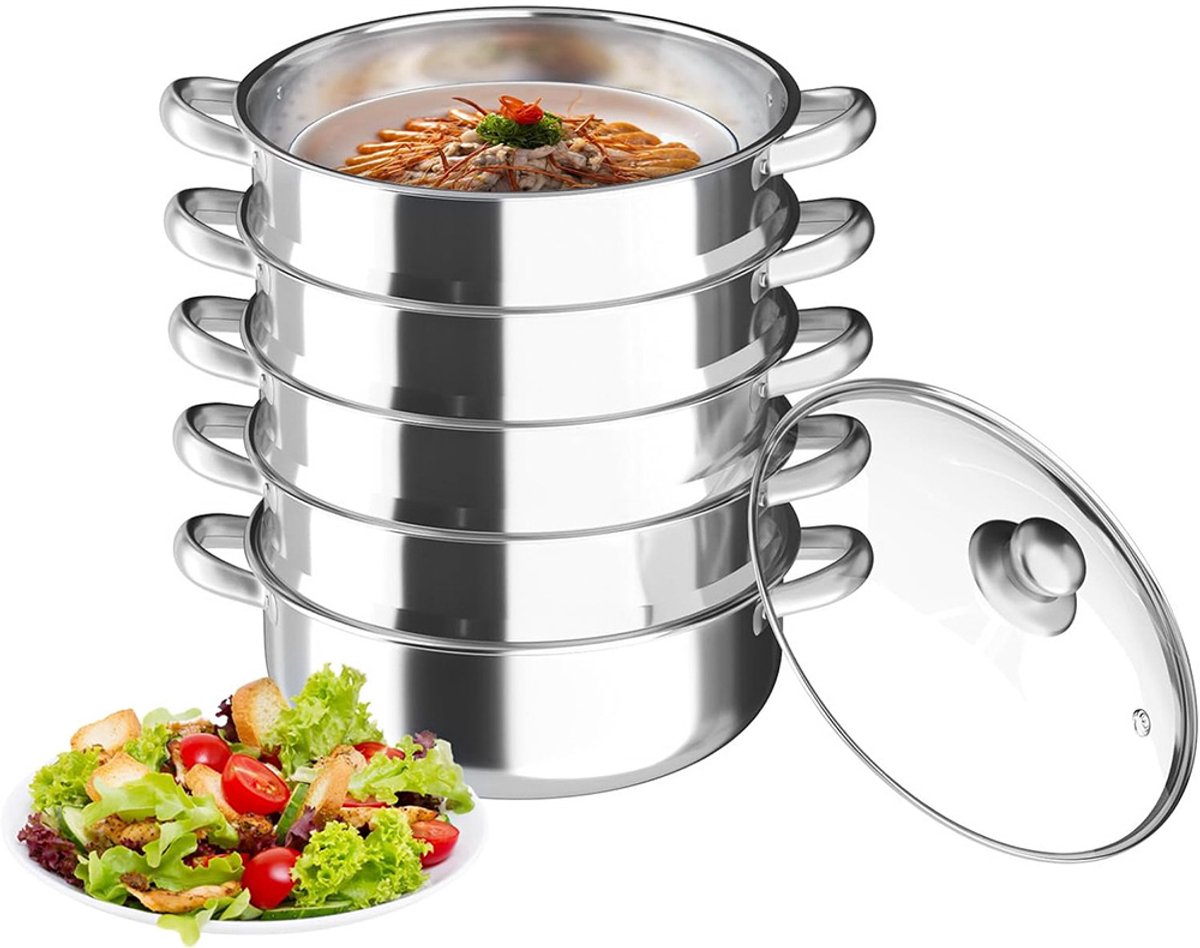 Stoompan - 5-Laags Stoompan van Roestvrij Staal - 30 cm Diameter - met Transparant Deksel en Handvat - voor Overlappend Koken