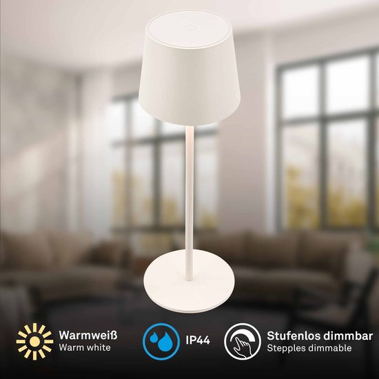 Briloner SUTA - Lampe de table rechargeable - 7670016 - Intensité variable - Fonction tactile - Protection contre les éclaboussures IP44 - Couleur de lumière blanc chaud - Batterie et source lumineuse interchangeables - Ø11 x 33 cm - Blanc vieilli