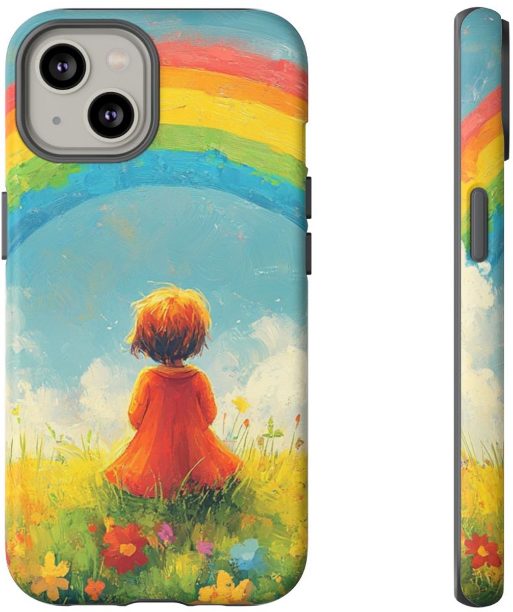 Kind Kijkt Naar Regenboog – Telefoonhoesje Geschikt voor iPhone 14