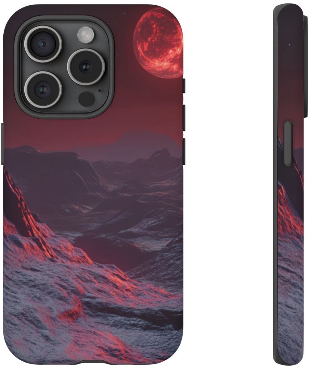 Rood Maanverlicht Berglandschap – Telefoonhoesje Geschikt voor iPhone 15 Pro