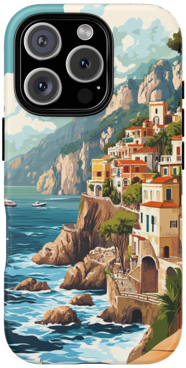 Retro Illustratie van de Amalfikust – Telefoonhoesje Geschikt voor iPhone 16 Pro