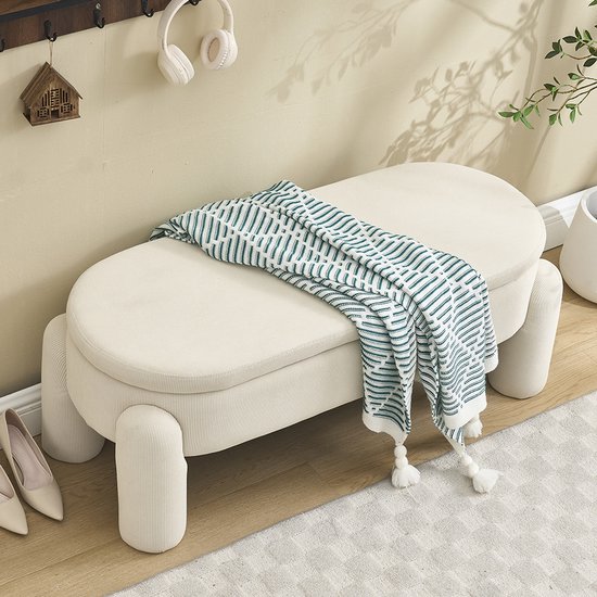 Pugsdrly Banc de rangement élégant et moderne pour chambre, armoire, couloir et salon avec espace de rangement, revêtement en chenille de haute qualité avec cadre en bois massif, banc antidérapant (beige)