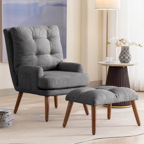 Foto: Singularity fauteuil met hocker rugleuning verstelbaar in 5 standen kantelbaar opbergtas aan zijkant grijs