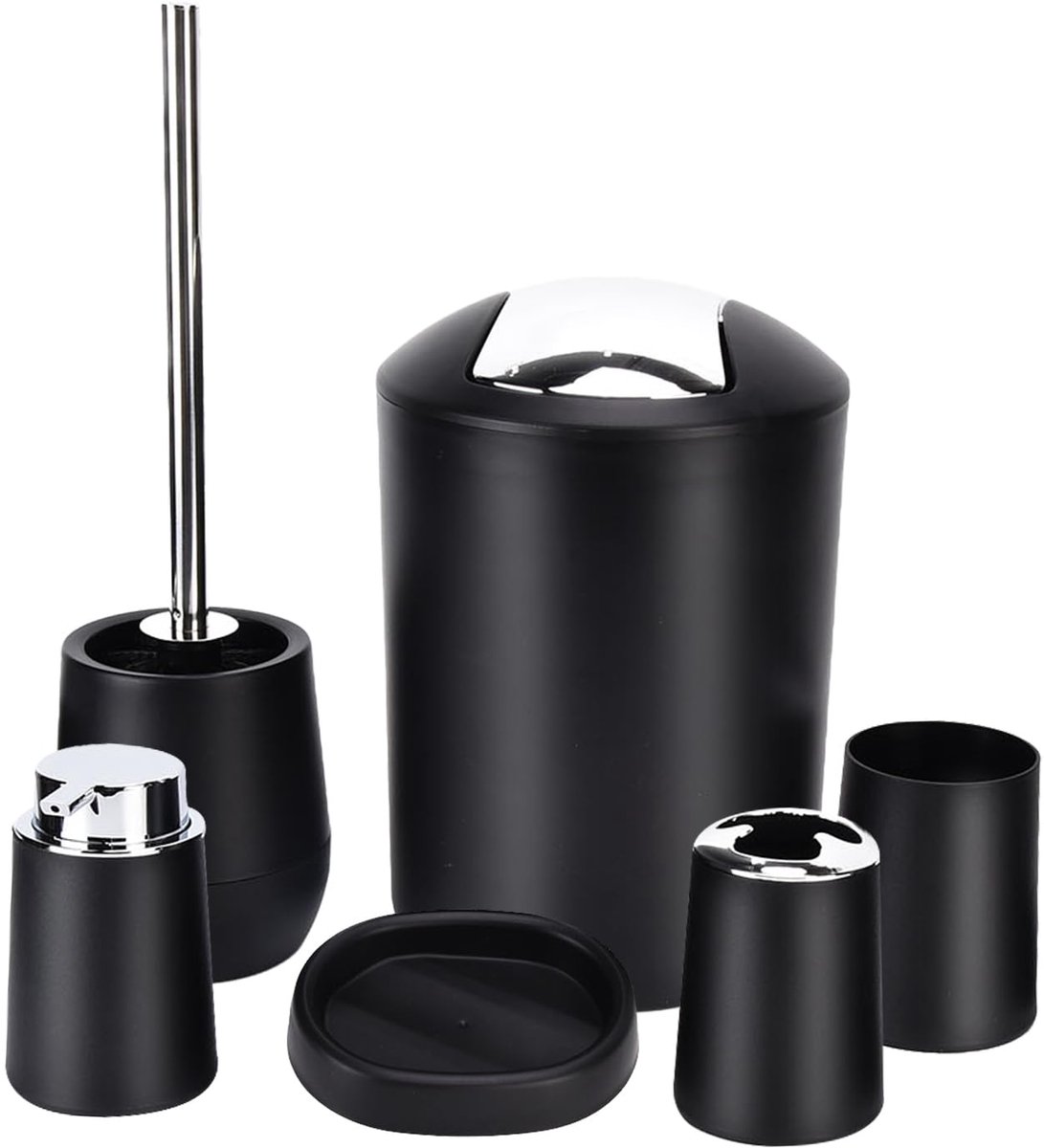 Ibenzoa® Complete 6-delige moderne badkameraccessoireset in zwart met vuilnisemmer en meer