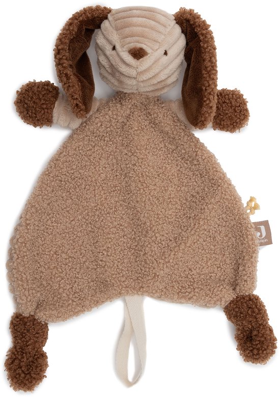 Bruin hondje speendoekje met teddy stof en ribbel stof.