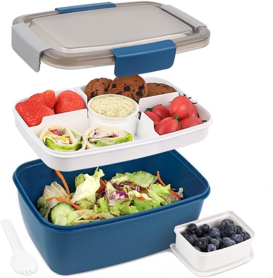 TOVBMUP Lunchbox - 2000 ml - Bento box - met vakken - Saladebakje - met sausbakje - Magnetron- en vaatwasserbestendig - Geschikt voor kinderen en volwassenen - Blauw