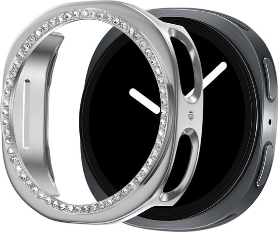 Zilverkleurige rand met diamantjes voor smartwatch, met donkergrijze smartwatch behuizing.